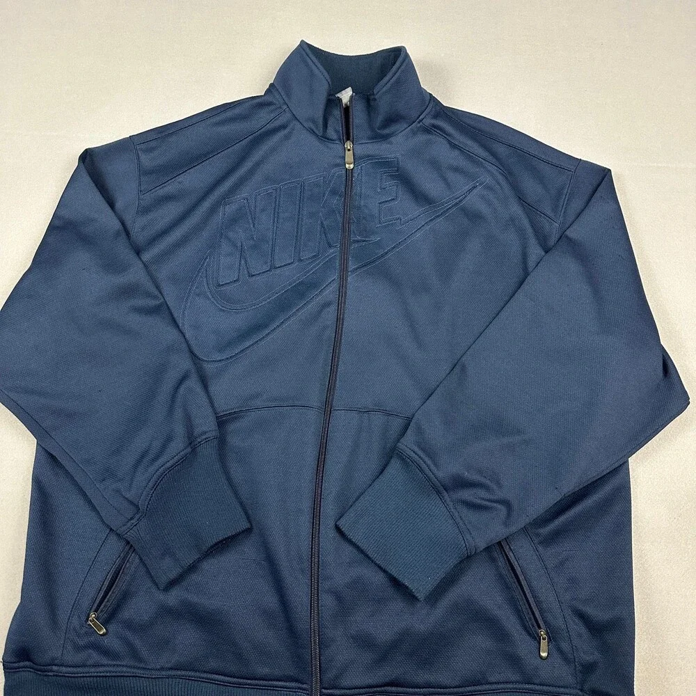 Vintage Nike Jacket Men 2XL Navy Blue Full Zip Big Debossed Logo Spellout Y2K *